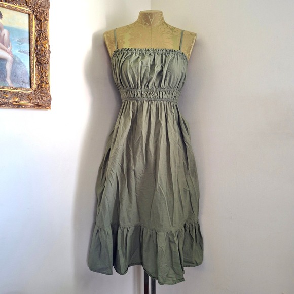 Dizzy Lizzy Olive Green Cotton Smocked Midi Dress Womens Medium Ruffle Hem Boho - Picture 2 of 7